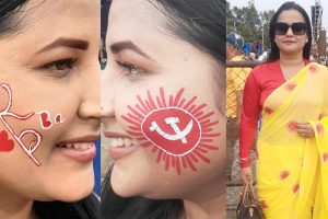 एमाले गण्डकी अधिवेशनका दृश्य- गालामा ‘केपी बा’, सूर्य छापेको सारी !